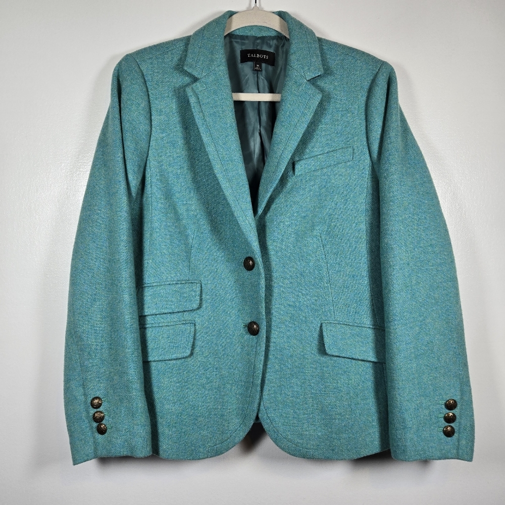 Talbots Wool Blend Classic Career Turquoise 2 Button Blazer Jacket Size 14